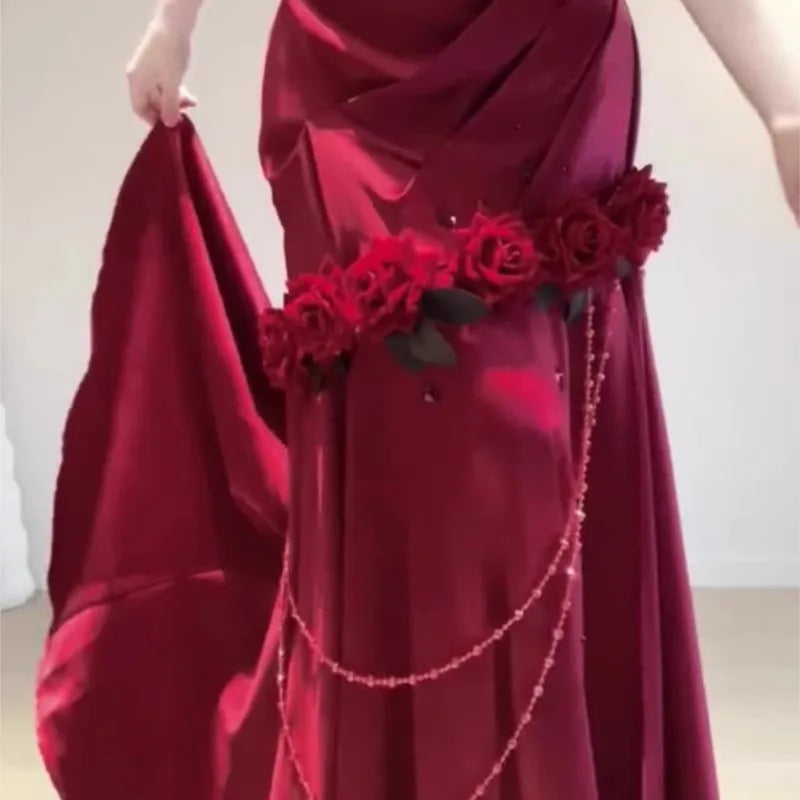 Light luxury small public banquet toasting red satin three-dimensional flowers pretty dress