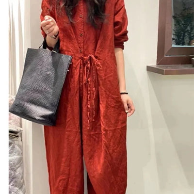 Plus Size Red Casual Jumpsuit Women's New Loose Personality Stylish Lace-up