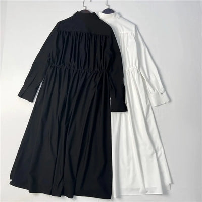Women's Blouse Dress with Drawstring, Long Skirt, Turn-Down Collar, Elegant, Beadings Belt, Female, 2024
