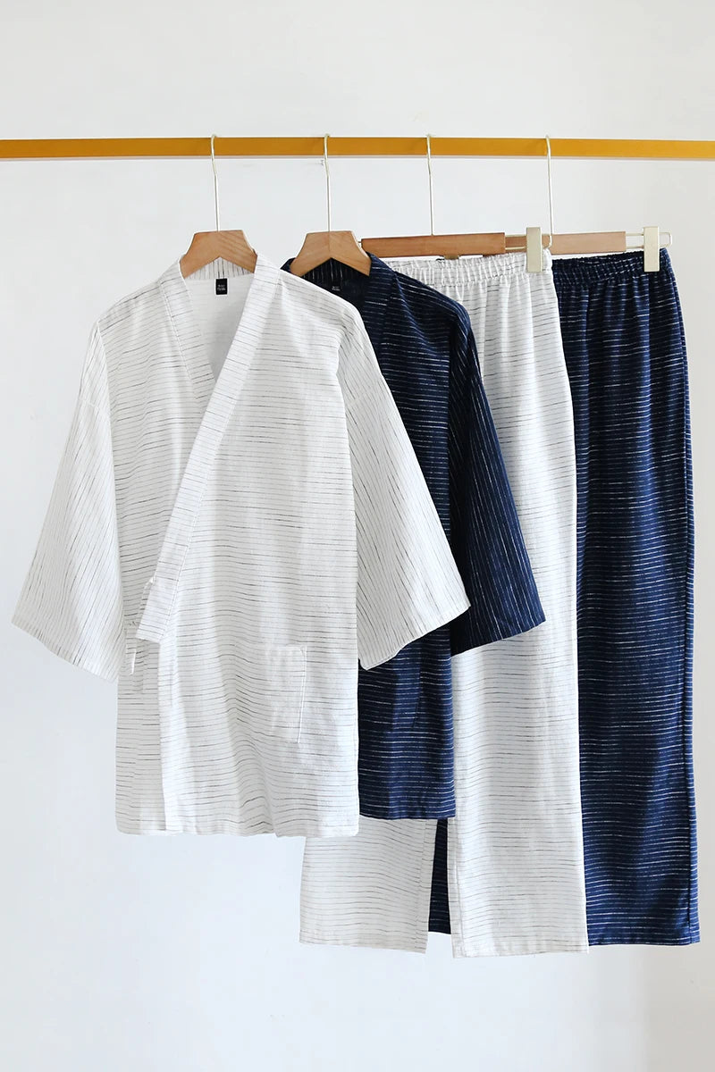 Non-print Style Japanese men's Kimono Pajamas Spring And Autumn Thin Pure Cotton Stripes Plus Size Home Wear Two Sets