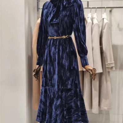 Exquisite Hepburn Style Long Dress Lace-up Sleeve Blue for Women