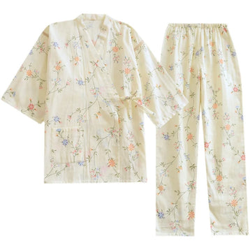 Japanese Cotton Kimono Gauze Pajamas Women Spring And Autumn Thin Sweet Long Sleeve Trousers lace-up Loose Home Dress Set