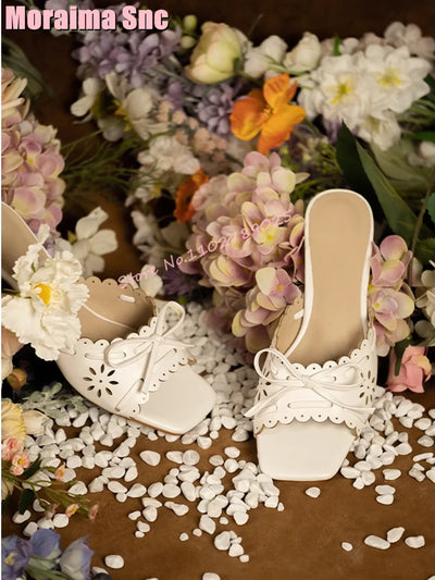 Fashion Hollow Flower Butterfly Knot Slippers Square Toe Lace UIp Block Mid Heeled Retro Elegant Women’s Shoes 2024 Summer New