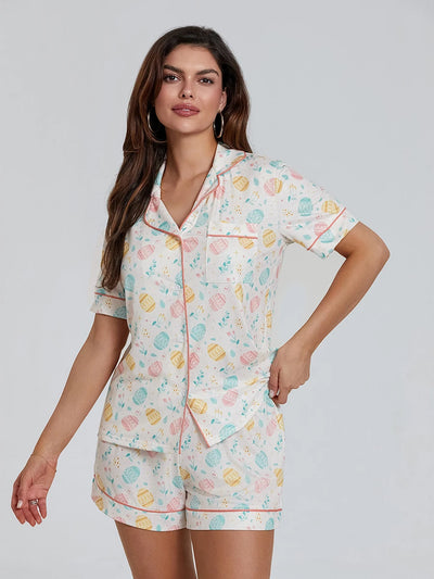 Women s Easter Loungewear Set Cartoon Egg Print Short Sleeve Lapel Button T-Shirt with Elastic Waist Shorts