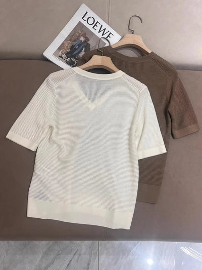 Lp* Summer New Fashion Short-sleeved Wool Knitted Short-sleeved V-neck Loose Casual Waffle T-shirt Blouse Thin