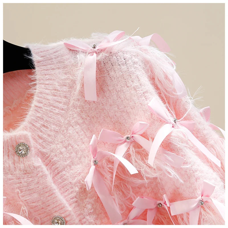 Exquisite Rhinestone Sweet Bow Cardigan Coat 2023 Winter New Fashion Round Neck Single-Breasted Thickened Sweater Knit Tops