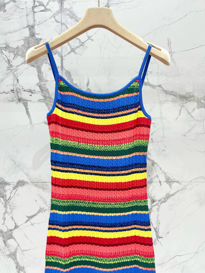 EVACANDIS New Colorful Striped Knitted Spaghetti Strap Midi Dress  Women Spring Summer Beach Style Casual Cotton Elegant Chic