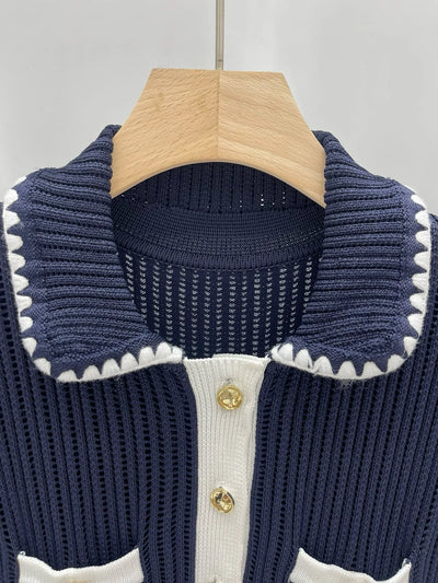 EVACANDIS Elegant Sweet Spring New Navy Blue Chic Short Sleeve Turn-down Collar Knitted Mini Dress High Quality Solid Hit Color