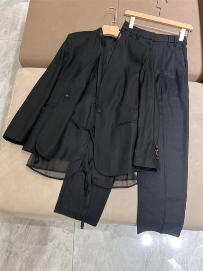 High Quality Linen Black Suit Suit Blazer Jacket + High Waist Wide Leg Trousers 2 Piece Set  spring Qutumn New