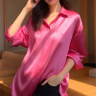Acetate Satin Pink Shirt Chic Western Style Youthful-Looking Casual Beautiful