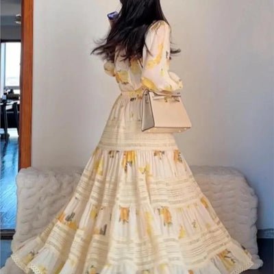 New Style Platycodon Grandiflorum French Tea Break Long Skirt Quality Yellow Printed Sleeve Dress for Women