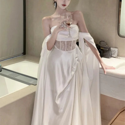 Hepburn Style Satin Fishbone Tube Top Dress Fairy Early Feeling Morning Gowns