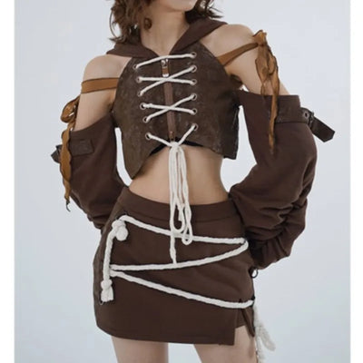 Wasteland Style Niche Irregular Midriff Outfit Sweater Suit Short Skirt Lace-up Personality Sexy