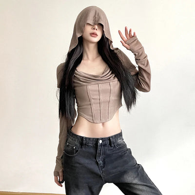 Designer Personality Wasteland Style Versatile Cut-off Long-Sleeved T-shirt Solid Color Outer Wear Hooded Navel Fishbone Top
