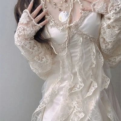 Lace Blouse Suspender Dress Heavy Industry Design Sweet Tea Break Temperament Irregular Female