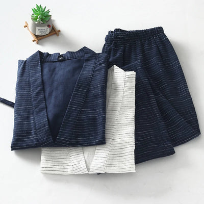 Japanese Kimono Pajamas men Single Woven Cotton Striped Long Sleeve Seven Quarter Sleeve Trousers Thin Sweat Steaming Home Wear