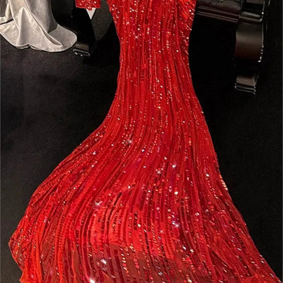 New fashion party waist slimming red sequin fishtail dress