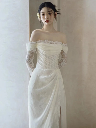 off-Shoulder Light Wedding Dress French Lace Long Sleeve Outdoor Yarn Mori Elegant Fishtail Bridal Welcome