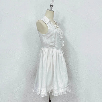 EVACANDIS 100% Linen High Quality Women Sleeveless Ruffle V-Neck Solid White Tunic Lace-up Mini Dress A-Line Sweet Chic Casual
