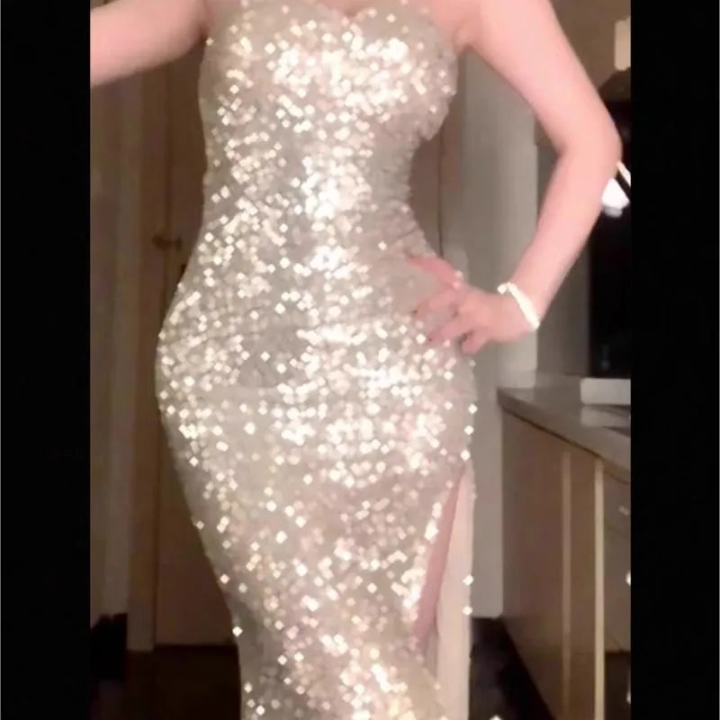 Light Luxury Minority Star River Sequins Shiny Split Halter Tube Top Dress Women