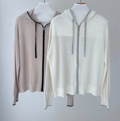 24 Spring New Women's Knitted Cardigan B*C Casual Hooded Beaded Chain Cardigan Hollowed Out Silk Linen Tops