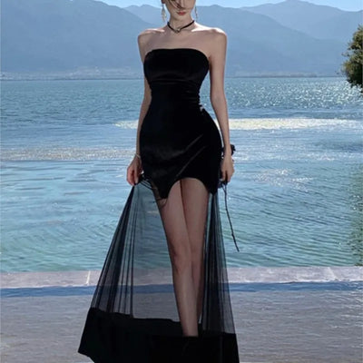 Birthday Party Dress Pure Desire French Style Temperament Mesh Stitching Black Tube Top