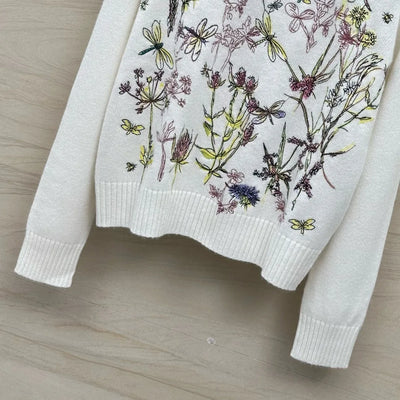 EVACANDIS 100% Cashmere Embroidery Women O-Neck Long Sleeve Knitted Pullover Tops Elegant Casual Sweet Luxury New High Quality