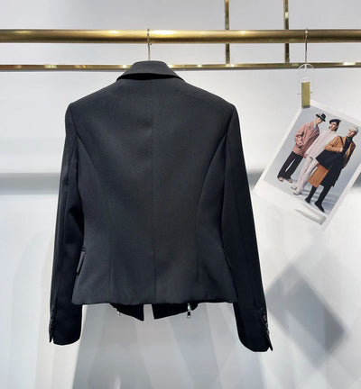High quality fashion women zipper black blazer one button slim cotton wool blended coats