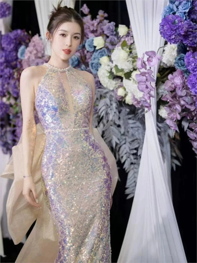 Engagement Formal Dress Light Luxury Minority Fishtail Toast Elegant Occasion Sequined Halter