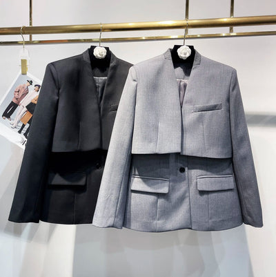 High quality women single breasted vest + short v-neck blazer 2 pieces set OL elegant wool blazer black grey