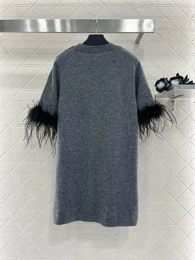 EVACANDIS High Quality Spring Summer New Wool Knitted Short Puff Sleeve Mini Dress O-Neck Patchwork Ostrich Feather Luxury Sweet