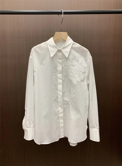 Heavy Beaded Embroidered Women's Shirt  Cotton Turn-Down Collar White Blouse Female Top 2024 Spring And Summer