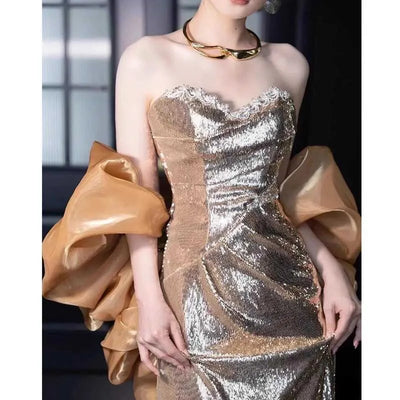 Light luxury niche sequin breast fish tail hosted toasting dress