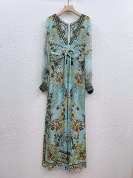 EVACANDIS 100% Real Silk High Quality Women Long Puff Sleeve Floral Printing Midi Dress V-Neck Sexy Vintage Bohemian Luxury Chic
