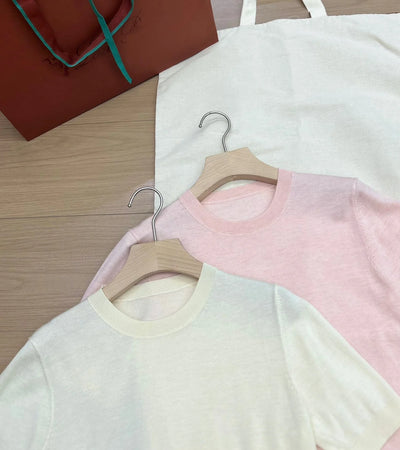 Lp* Italian Lazy Fashion Tie-in Round Collar Classic Thin Cashmere T-shirt Knitted Blouse Soft And Comfortable