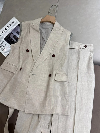 Casual Pants Suit Linen Blazer Jacket Vest Pencil Pants Sets High Quality