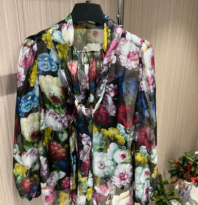 High quality 100% silk 2024 spring women long lantern sleeve floral printed shirts tops bow collar blouses