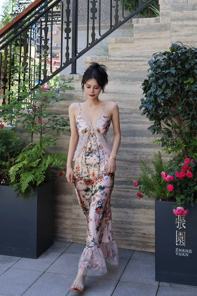 2024 Summer New Women's Wear Elegant floral V-neck lace patchwork high waisted fishtail silk dress 0521