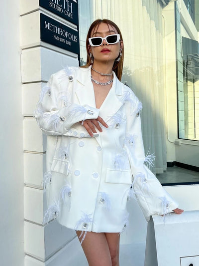 French Fashion Rhinestone Stitching Feather Double Breasted White Suit Coat Autumn New Loose Ostrich Feather Long Sleeve Blazers