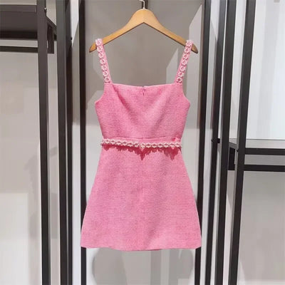 EVACANDIS Summer Pink Color Women Double Bow Slip Dress Beading Lady New Arrive Mini Dress