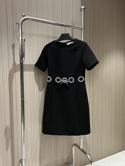 2024 Summer New Women's Wear Minimalist and slim fitting elegant hollowed out bow with diamond embellishments dress 0504