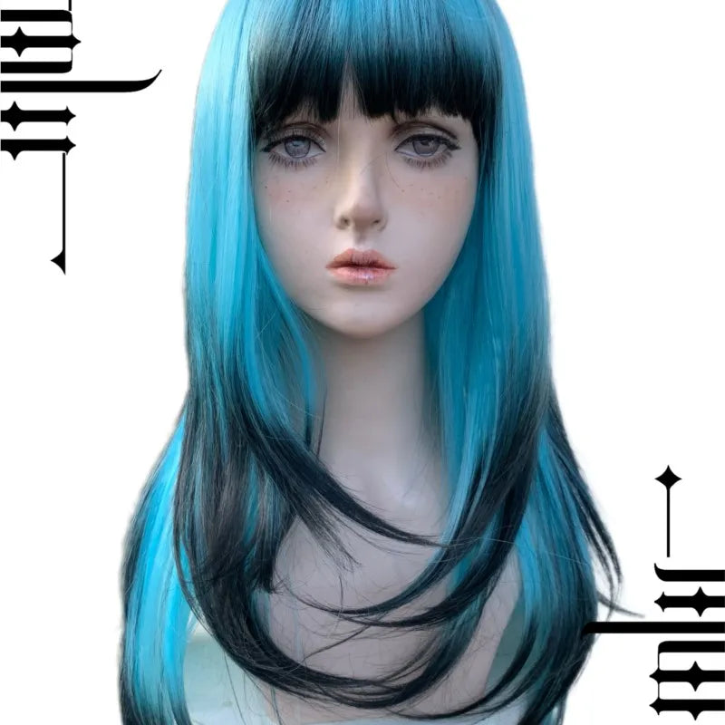 Gradient Blue Bangs Gothic Style Punk Personality Lady Wig Realistic Wigs