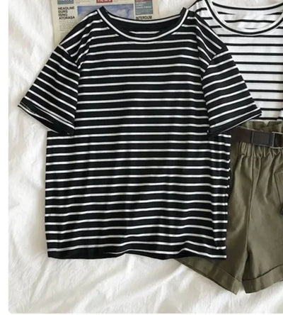 U075   Short Sleeve  O-Neck Casual Fashion Shirt  Feminina Tops T Shirt Women Solid Color Striped  T-shirt