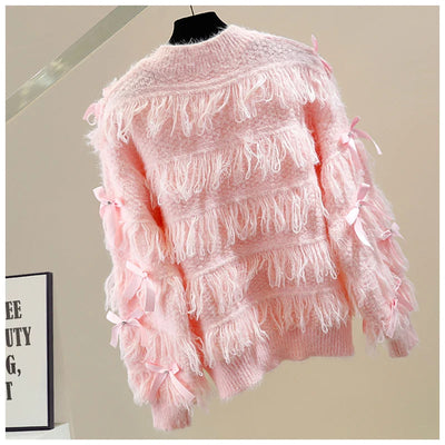 Exquisite Rhinestone Sweet Bow Cardigan Coat 2023 Winter New Fashion Round Neck Single-Breasted Thickened Sweater Knit Tops