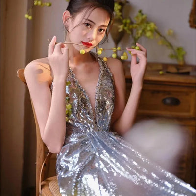 Silver sequin fishtail neck toasting gown style banquet dress