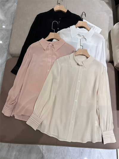 Women's Casual Shirt cuff beading silk Loose Long Sleeve Blouse 2024 New