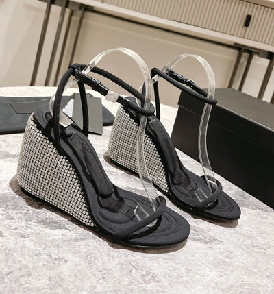 2024 Summer Water Diamond Solid Color Sandals Women's New Letter Retro Open Toe Slope Heels Crystal High Heels