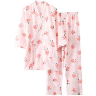 Kimono Pajamas women's Wash Cotton Yarn Seven Quarter Sleeve Trousers Peach Spring Sweat Steamed Home Wear Comfortable Casual