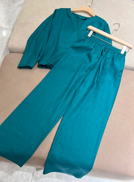 Summer L*P Women's Pants Suit High Waist Wide-leg Pants Drawstring Elastic Waist Trousers + Loose Linen Top 2 Piece Set