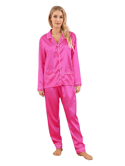 Women 2 Piece Pajama Set Satin Long Sleeve Shirt and Solid Color Pants Sleepwear Loungewear